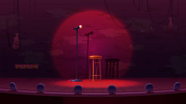 Stand up stage with mic and stool Stand up stage with mic and stool. Comedy show, music contest, karaoke concept with empty scene with microphone, chair and brick wall, vector cartoon illustration comedian stock illustrations