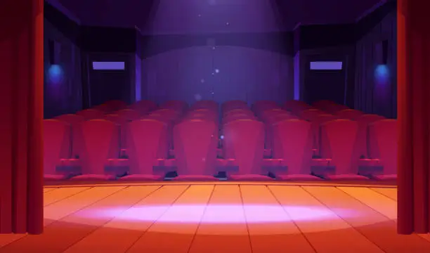 Vector illustration of Theater stage, red curtains and auditorium