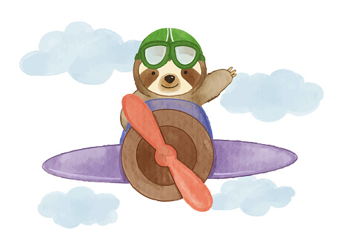 Sloth bear drive airplane on sky . Realistic watercolor paint with paper textured . Cartoon character design . Vector .