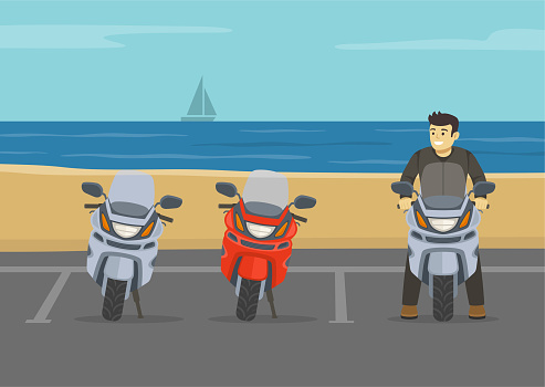 Outdoor parking scene. Parked motorcycles on beach parking area. Motorcyclist stands in parking lot. Flat vector illustration template.