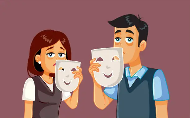 Vector illustration of Sad Couple Wearing Happy Masks for Society Vector Conceptual Illustration