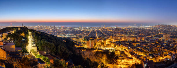 vista panoramica di barcellona prima dell'alba - barcelona city night street foto e immagini stock