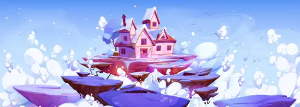 Vector illustration of Fantasy house floating on island in blue sky