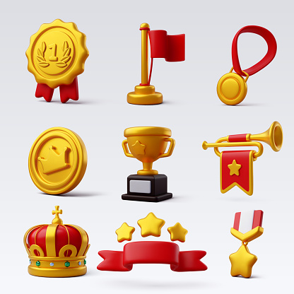 3d Vector Winner golden prize and award with red ribbon icon, Premium Quality guarantee label, Victory game champion. Eps 10 Vector.