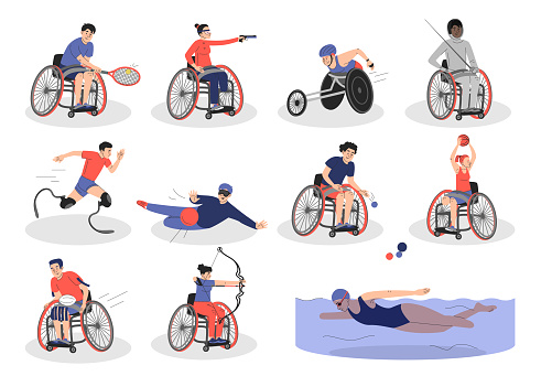 Paralympic sport games set vector isolated. Collection of disabled characters participating in different activities. Man in wheelchair plays tennis, runner with prosthesis, swimming woman.