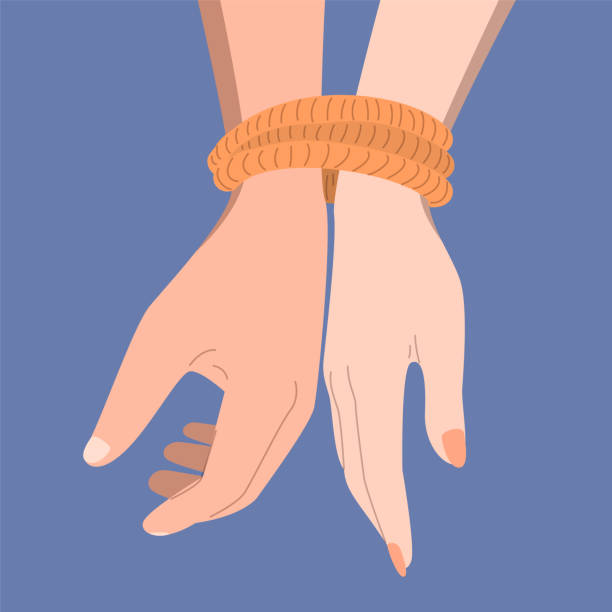 Hands of two people tied with a rope Hands of two people tied with a rope. Concept of toxic relationship and codependency, man and woman tied together. Vector illustration. ropes tied together stock illustrations
