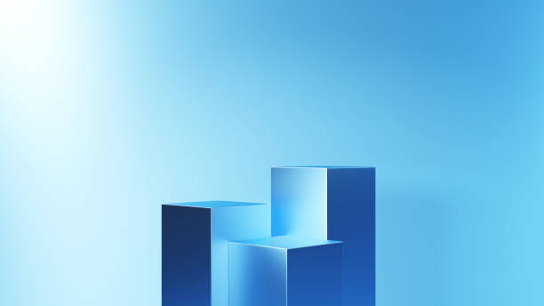 istock 3D Illustration.Blue cube on light blue background. 3 pedestals. (Horizontal) 1475740681