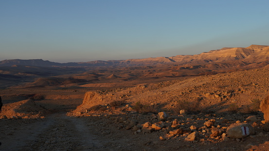 Negev desert landscape at sunrise on the bottom of the crater Makhtesh Gadol, in the south of Israel