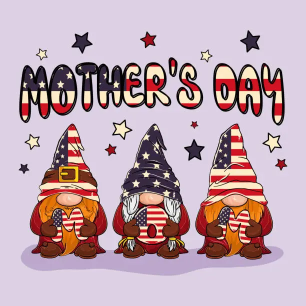 Vector illustration of Mothers Day Gnome MOM American Flag