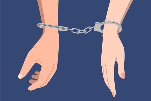 Hand of couple in handcuffs. Vector illustration of male and female hand chained together. Concept of codependency, unhappy relationship.