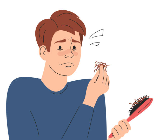 ilustrações, clipart, desenhos animados e ícones de homem triste olhando para escova de cabelo com fios de cabelo - alopecia homem