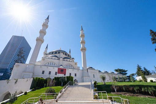 Tirana, Albania. March 2023. panoramic view of the new mosque in the city center