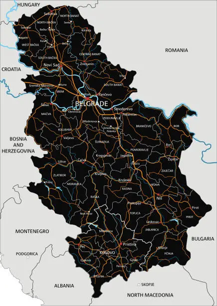 Vector illustration of High detailed Serbia road map with labeling.