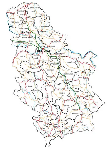 Vector illustration of Serbia road and highway map. Vector illustration.