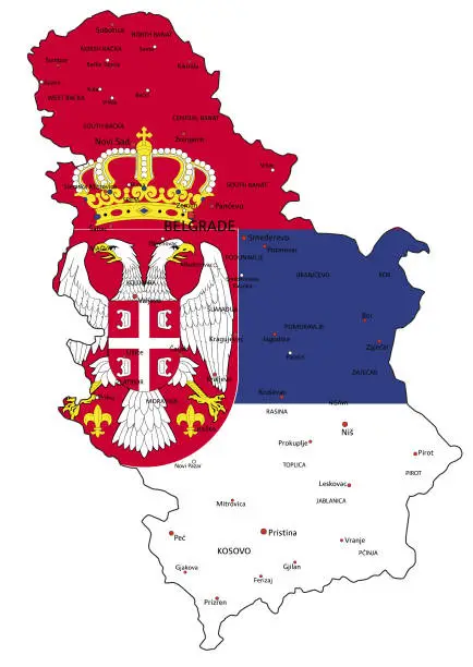 Vector illustration of Serbia highly detailed political map with national flag.