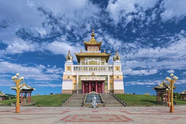 The main buddhist temple of Republic of Kalmykia in Elista, Russia Elista, Russia - August 12, 2018: Burkhan Bakshin Altan Sume (The Golden Abode of the Buddha Shakyamuni) , the main buddhist temple of Republic of Kalmykia. The temple (Khurul) was consecrated on December 27, 2005. republic of kalmykia stock pictures, royalty-free photos & images