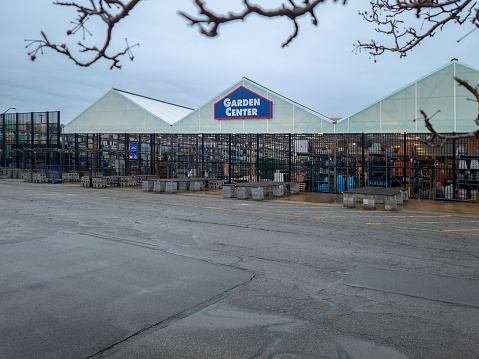 New Hartford, New York - Jan 17, 2023: Landscape Wide View of Low's Garden Center, which is closed due to Clod Weather.