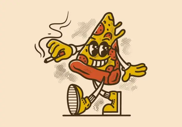 Vector illustration of Mascot character of walking pizza slice with happy face