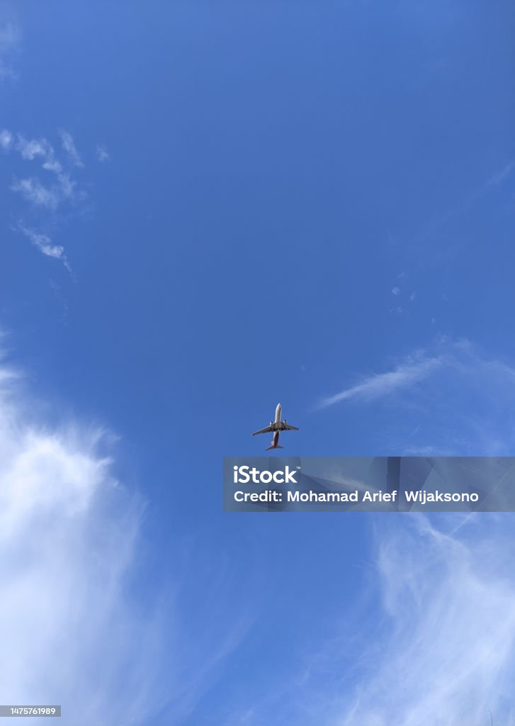An airplane flies across the sky An airplane that looks small, flies across the sky against a bright blue sky background Fighter Plane Stock Photo