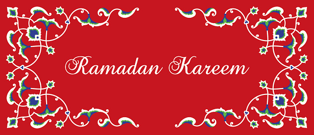 Colourful Ramadan Kareem Greeting Card based on traditional Turkish floral pattern. Banner for your Ramadan wishing. Islamic Holidays background. The Muslim feast of Ramadan month