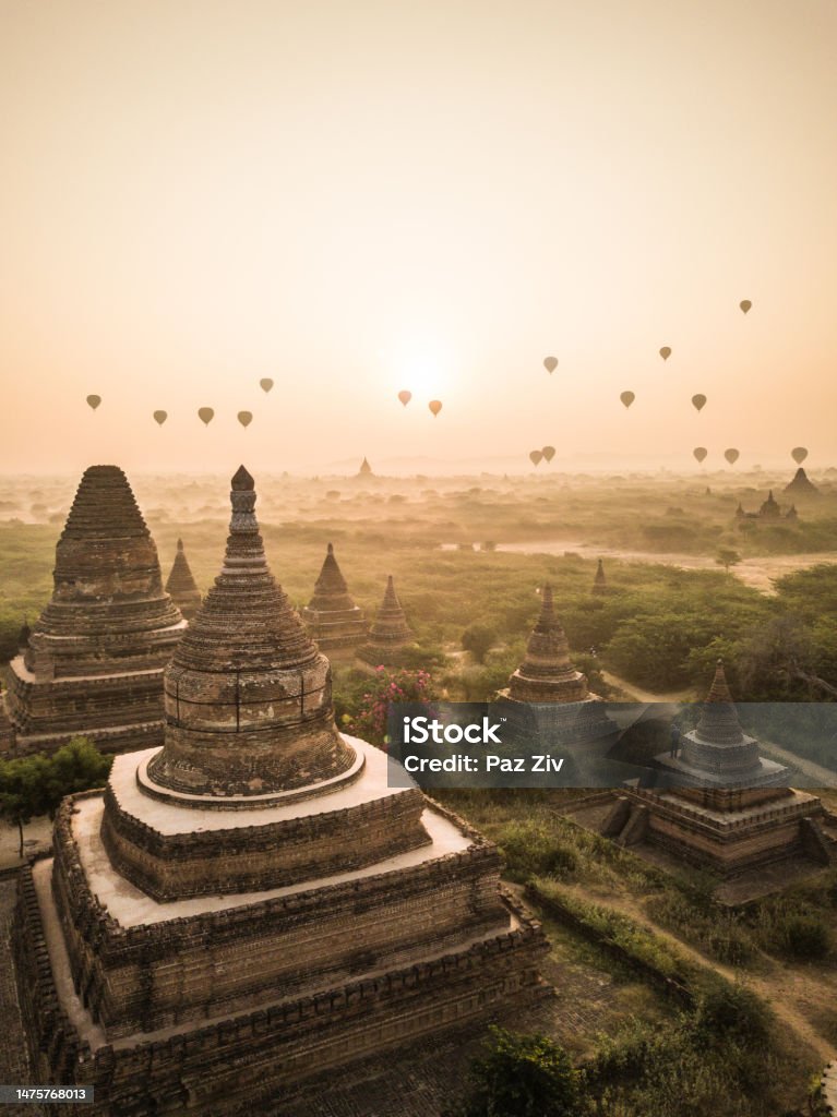 The magic of Bagan Hot balloon during the sunrise in Myanmar Ancient Stock Photo