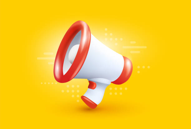 istock Vector business illustration of megaphone on yellow color background with shadow. 3d style design of white and red megaphone 1475768269