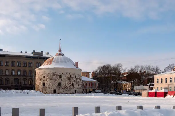 View of Market Square with old Round Tower, Vyborg, Russia