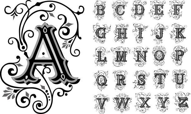 Vintage decorative font, alphabet, vector set of hand drawn decorative alphabet initial letters. Luxury beautiful royal font design for card, invitation, monogram, logo Vintage decorative font, alphabet, vector set of hand drawn decorative alphabet initial letters. Luxury beautiful royal font design for card, invitation, monogram, logo. medieval background stock illustrations