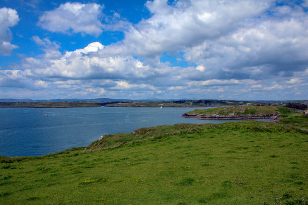 istock green grass rolling over to the blue water 1475776186