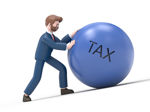 3D illustration of bearded american businessman Bob pushing a boulder uphill with the inscription taxes. The tax burden tax time and taxpayer finance concept. 3D rendering on white background.