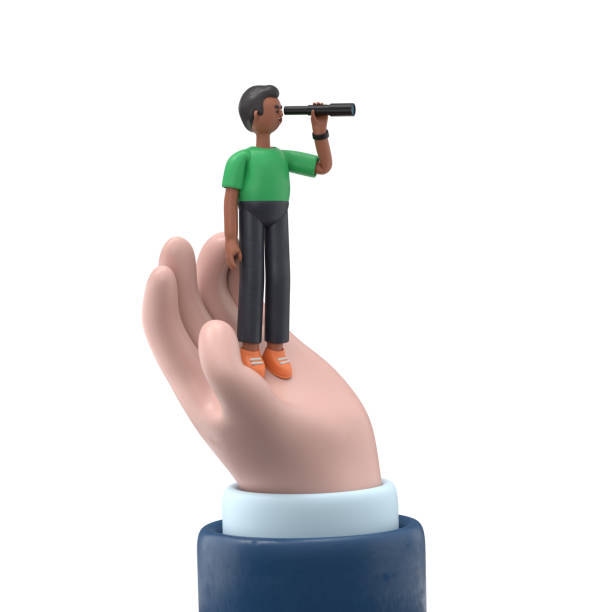 istock 3D illustration of smiling handsome afro man David looking in telescope, seeing future. Spyglass in hand. Search solution. Forward looking person. 3D rendering on white background. 1475777351