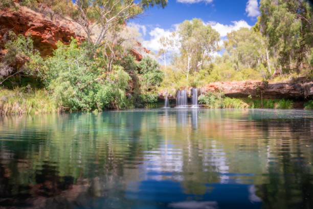 istock Calm waters and a clear reflection in front of a idyllic waterfall on a sunny day 1475780479