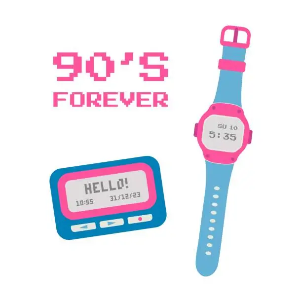 Vector illustration of Retro watch and pager. 90s forever phrase. Cartoon vector illustration.