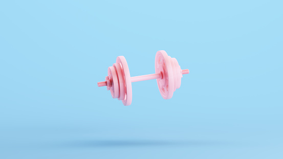 Pink Dumbbell Weight Training Weight Lifting Workout Equipment Exercise Gym Kitsch Blue Background 3d illustration render digital rendering