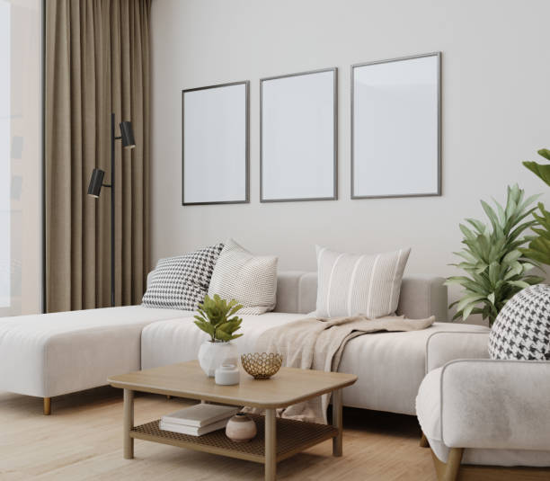 istock Scandinavian living room with wall and poster frame mock up.3d rendering 1475783812