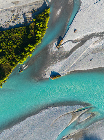 Drone view of glacier river flowing, at Rakaia Gorge, Canterbury, South Island, New Zealand.