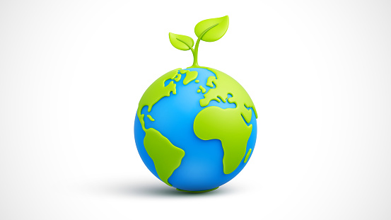Cartoon planet Earth with green sprout and leaves on white background. Earth day, ecology, nature and environment conservation concept. Save green planet concept