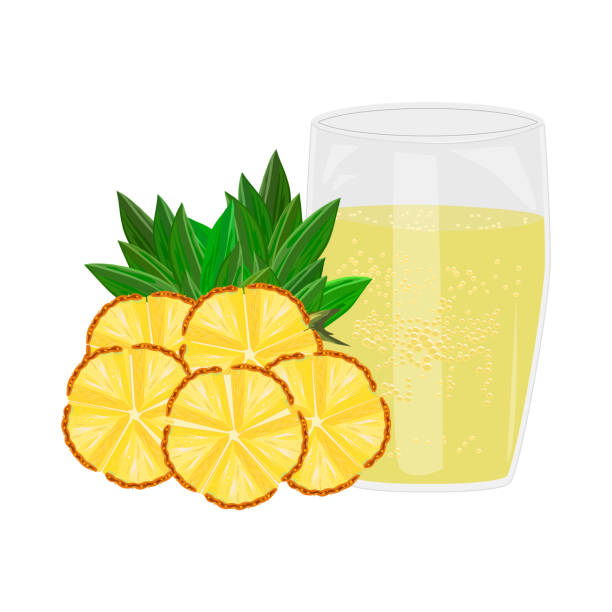 Natural pineapple juice in glass isolated on white background. Cut slice pineapple and fresh squeezed ananas juice or cocktail in mug. Ananasas sap. Healthy organic food and refreshing drink. Fresh tropical fruit beverage of ananas. Sweet pineapple lemonade or smoothie. Stock vector illustration ananas stock illustrations