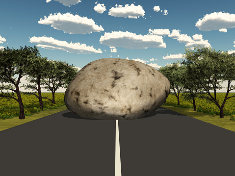 Computer generated 3D illustration with a rock on a country road