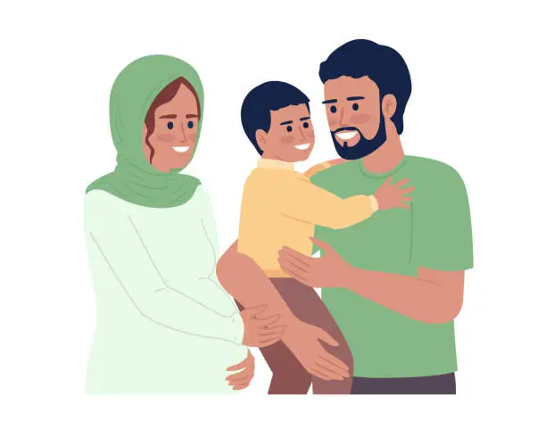 Vector illustration of Pregnant mother and father carrying son semi flat color vector characters