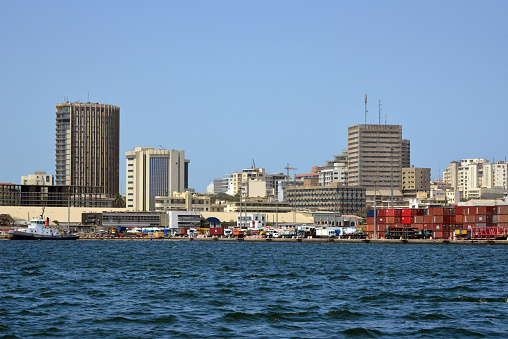Dakar, Senegal: BCEAO headquarters main tower and Building 2 (Central Bank of West African States) on the left, Fahd Building on the right and Daker port. The BCEAO is the central bank of Benin, Burkina Faso, Côte d'Ivoire, Guinea-Bissau, Mali, Niger, Senegal and Togo. These countries form the West African Economic and Monetary Union (UEMOA).