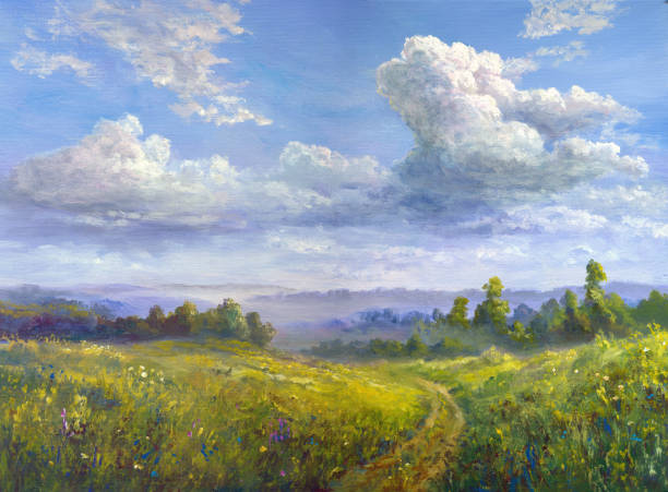 Summer landscape in the countryside Summer oil painting landscape, impressionism idyllic countryside stock illustrations