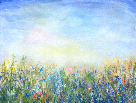 Summer meadow, watercolor and acrylic painting