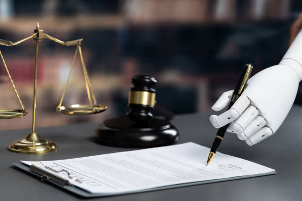 Concept of future and fair justice system by robotic hand. Equilibrium stock photo