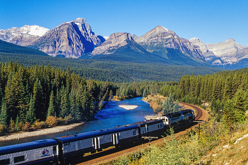Banff National park, Canada-September, 2020: Canadian pacific railway in Bow valley at Banff national park