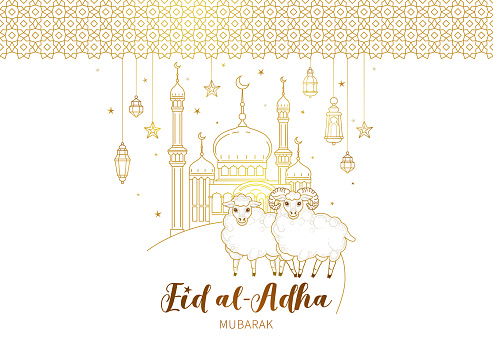 Vector illustration for muslim holiday Eid al-Adha. Gold card with arabic decoration, sheep, mosque, golden geometric frame, calligraphy for happy sacrifice celebration. Decoration in Eastern style.