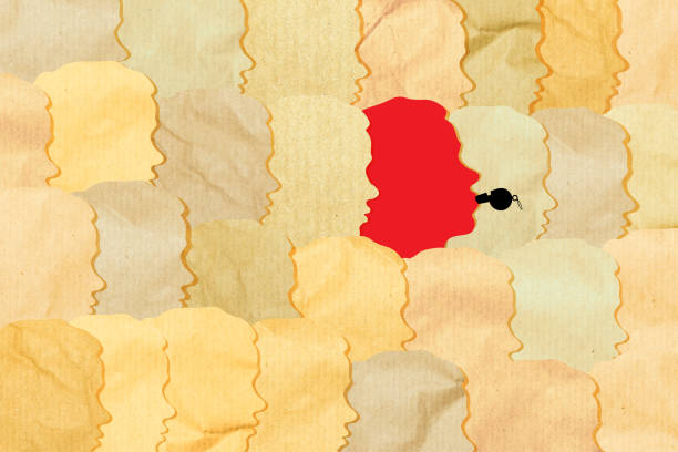 Whistleblower staff member employee concept. Abstract illustration. Silhouette of a whistleblower wearing a red whistle Whistleblower staff member employee concept. Abstract illustration. Silhouette of a whistleblower wearing a red whistle loud whistle sound stock illustrations