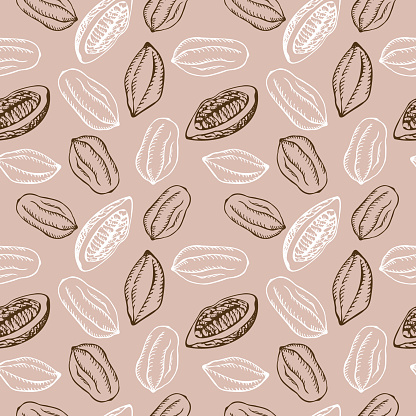 Seamless pattern with cocoa fruits and cocoa plant on a beige background. A lot of cocoa, repeating background, ornament. Hand-drawn. Vector illustration