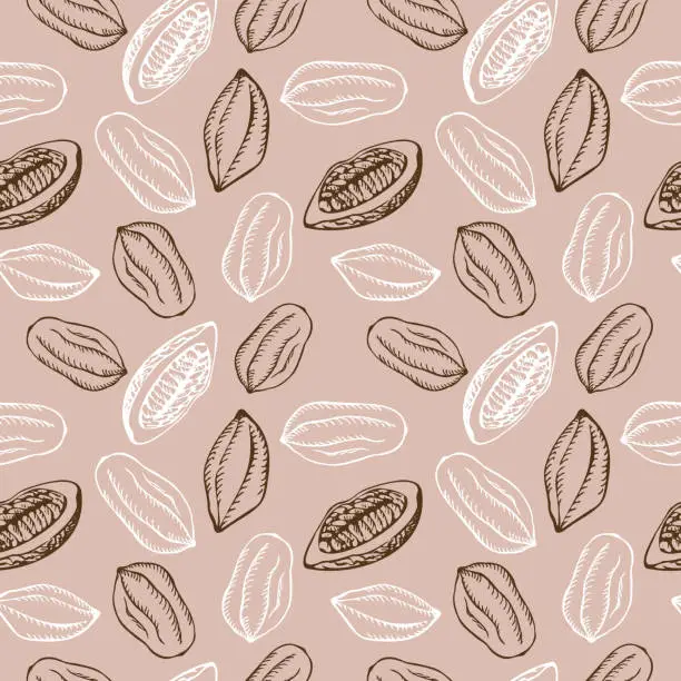 Vector illustration of Seamless pattern with cocoa fruits and cocoa plant on a beige background. A lot of cocoa, repeating background, ornament. Hand-drawn. Vector