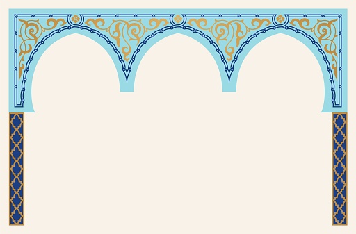 Beautiful Arabic Floral Arch with doodles, flowers, and paisley. Traditional Islamic Background for print on product or adult coloring book, coloring page. Mosque decoration element. Architectural element. Elegance Background with Text input area in a center. Vector illustration.